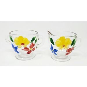 Vintage Barlett Collins Hand Painted Floral Clear Glass Creamer and Sugar Bowl